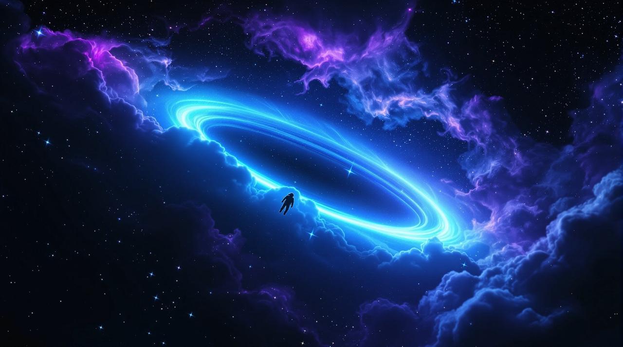 西瓜视频免费科幻影视导航站主视觉，深空中发光的虫洞与星云